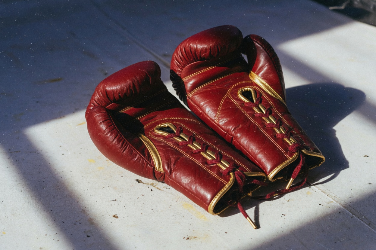 Oxblood boxing gloves with gold stitching