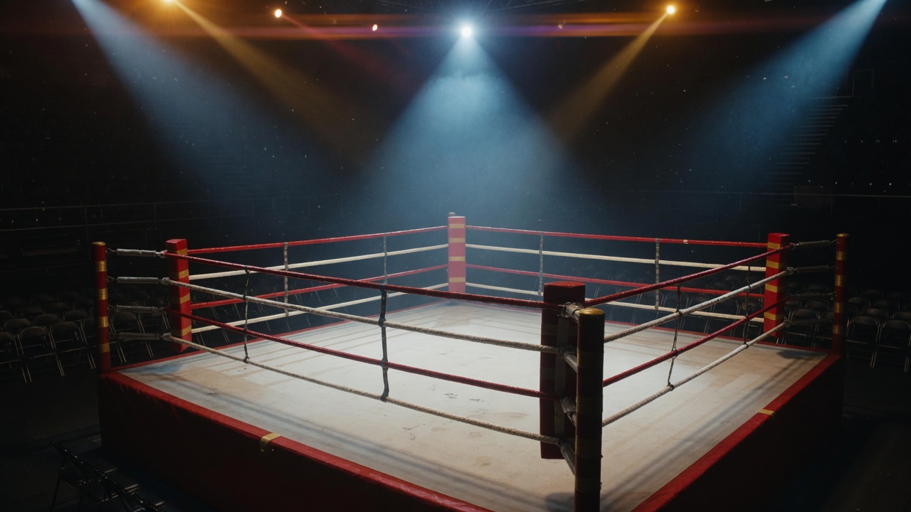 An empty boxing ring under arena lights