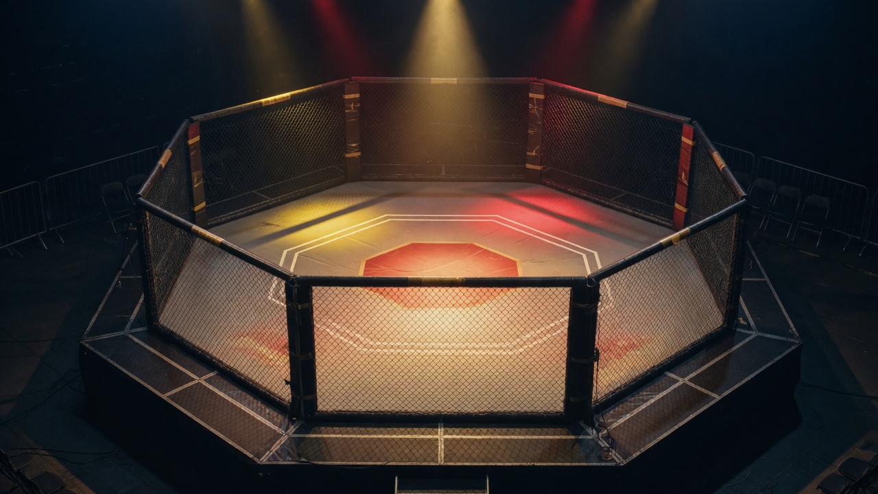 An empty octagon under gold and crimson lights