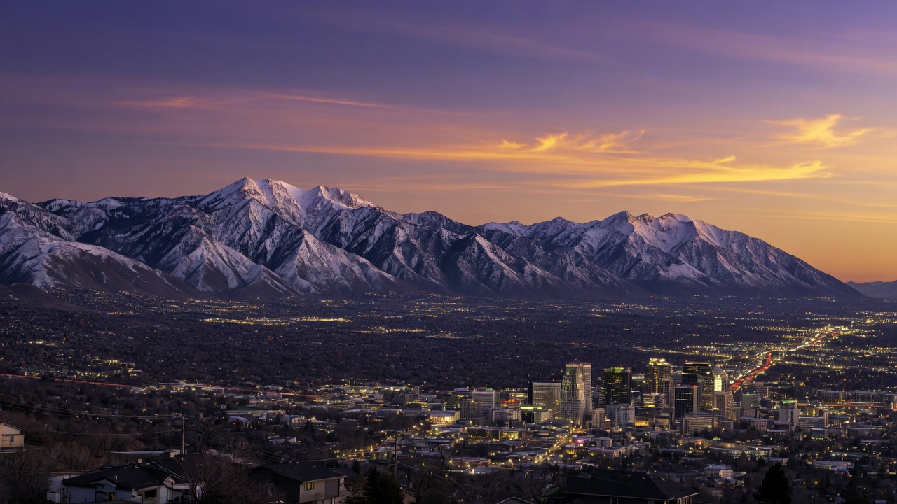Salt Lake City and the Wasatch Range at dusk
