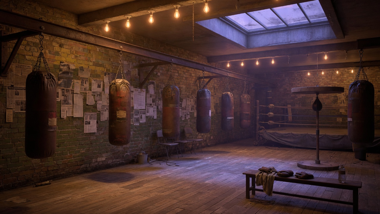 A boxing gym with heavy bags and warm lights